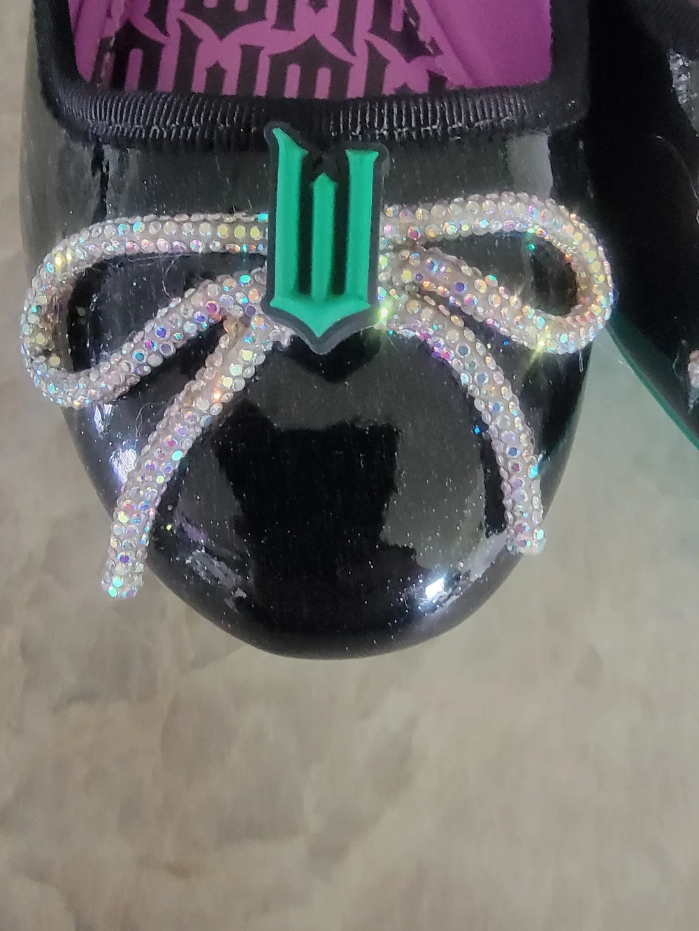Kids Black Ballet Flats with Purple Insole and Green Accent -Wicked Size 3 & 11T